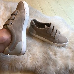 Tan suede shoes with Velcro straps